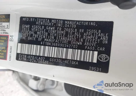 2009 Toyota Avalon Xls z USA, uszkodzony, nr VIN 4T1BK36BX9U342702